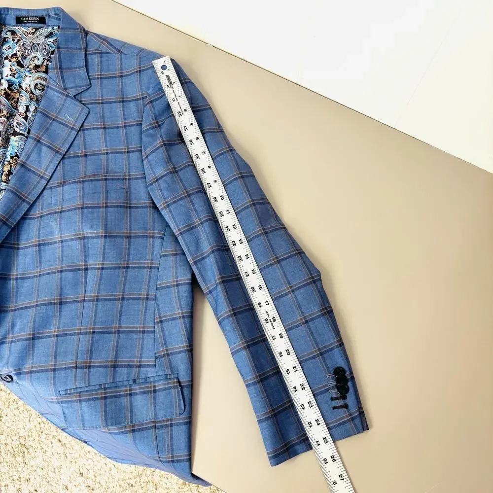 Sam Surin Blazer Jacket 2 Button Blue Plaid Size 50L Biella Italy Wool Fabric